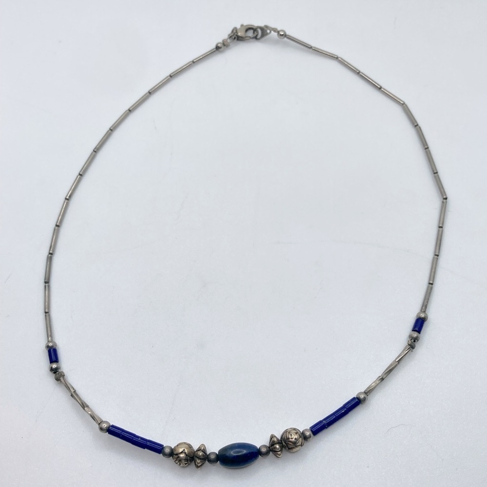 VTG Sterling Lapis Lazuli Heishi Tube Bead Liquid Silver Necklace 14”